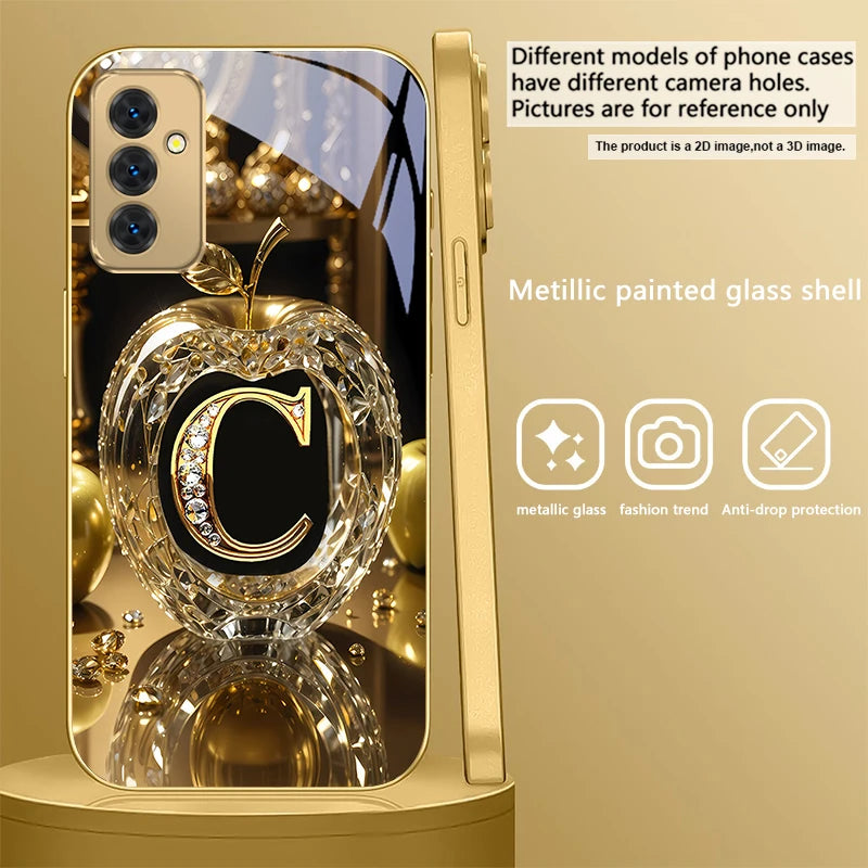 Gold crystal phone case with letter 'A' for Samsung Galaxy, featuring a sleek transparent design and elegant letter detail.