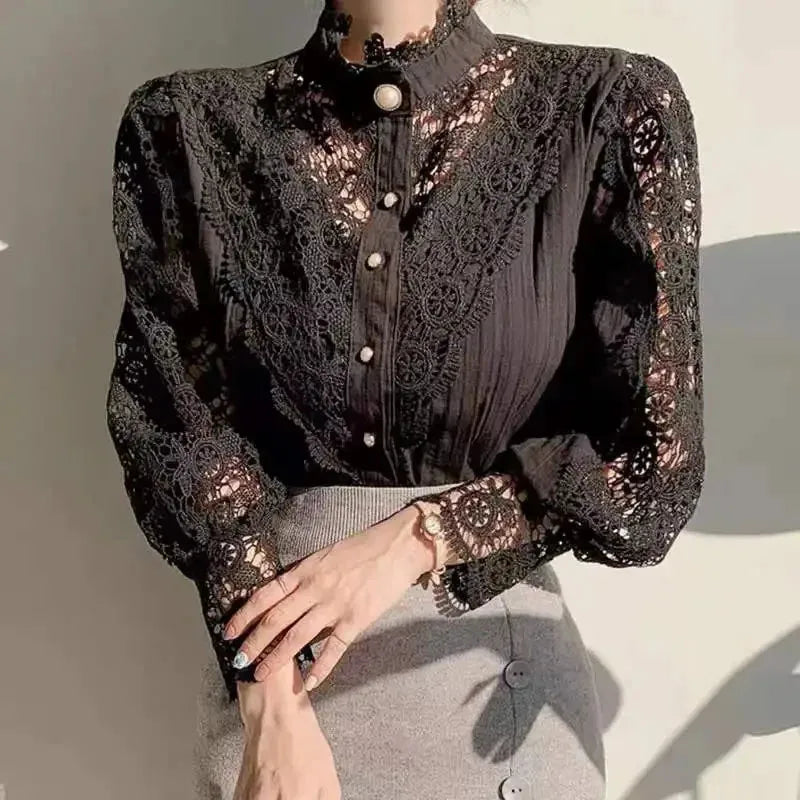 Blusa de encaje con manga de pétalo para mujer, camisa co...