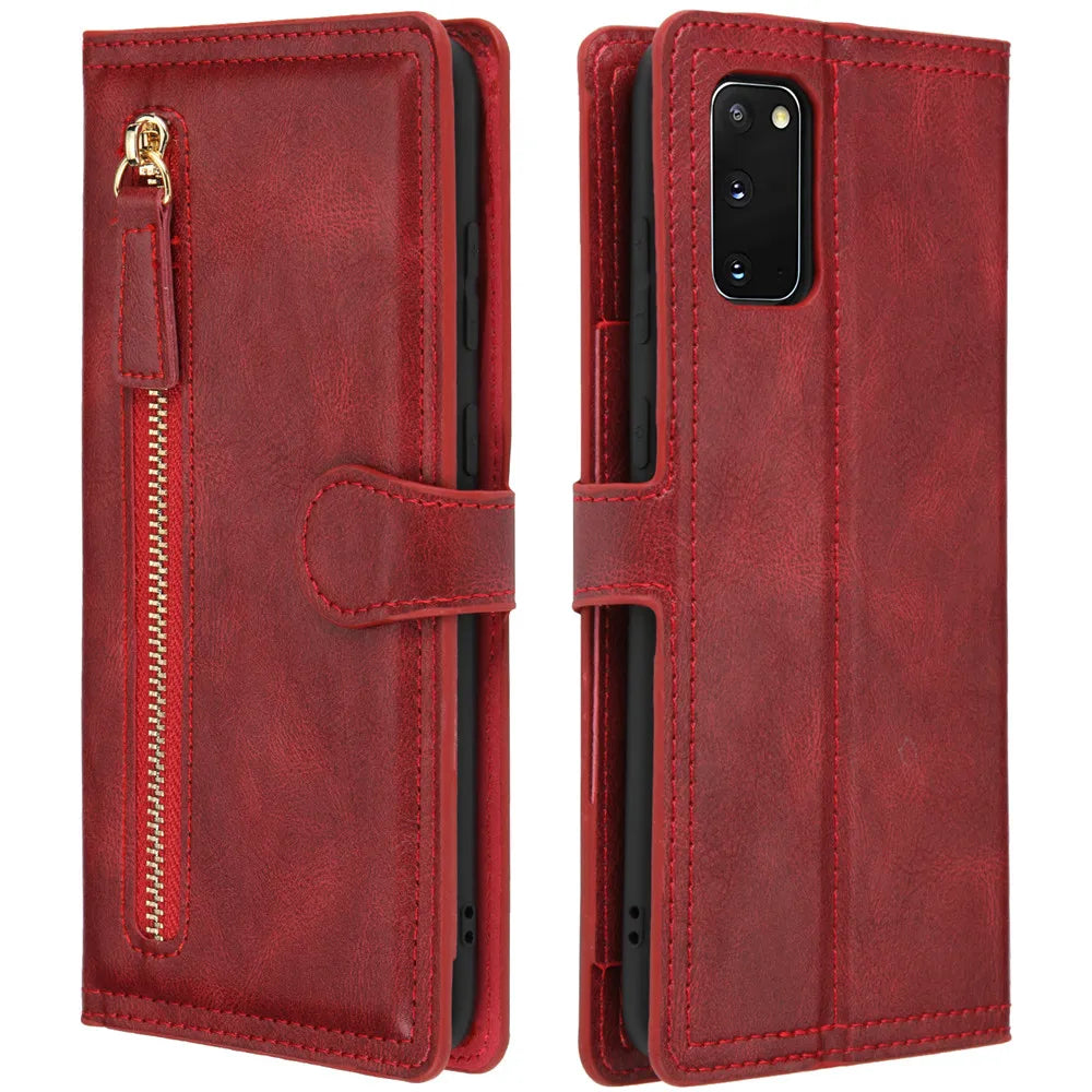 Luxury leather Samsung Galaxy S20 FE and Note 20 Ultra wallet phone case with zipper and flap, featuring card slots and protective design.