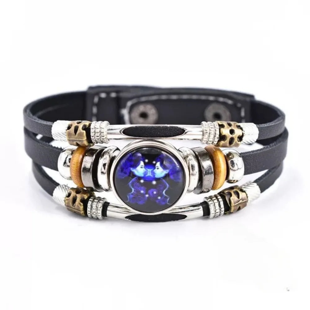Pulsera Constelación Cuero Multicapa Retro Regalo Unisex 12 Signos