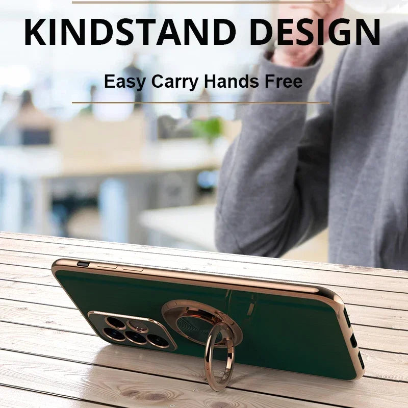 Samsung A56 A36 case with ring support, gold-plated, featuring a protective cover and sturdy ring stand for easy handling.