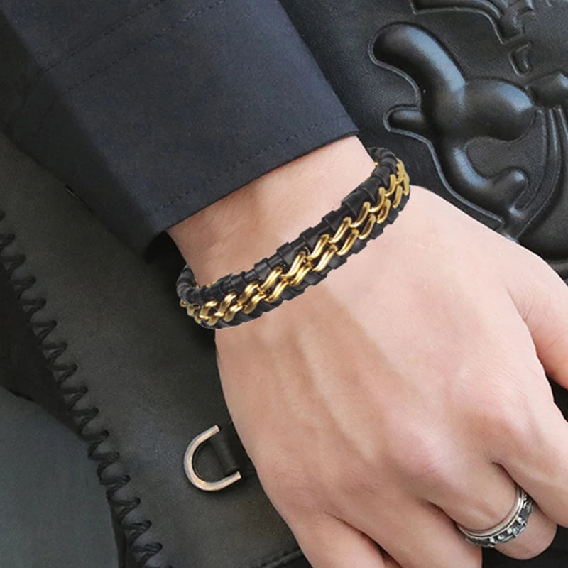 Pulsera de Cadena de Cuero Genuino para Hombre con Cierre...