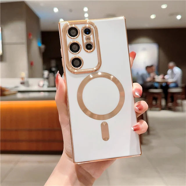 Luxury gold-plated MagSafe phone case for Samsung Galaxy S24 Ultra, featuring a stylish frame design.