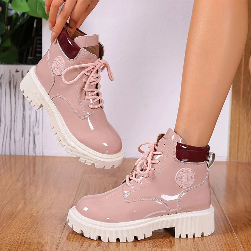 Botas de charol con cordones para mujer, botas de punta r...