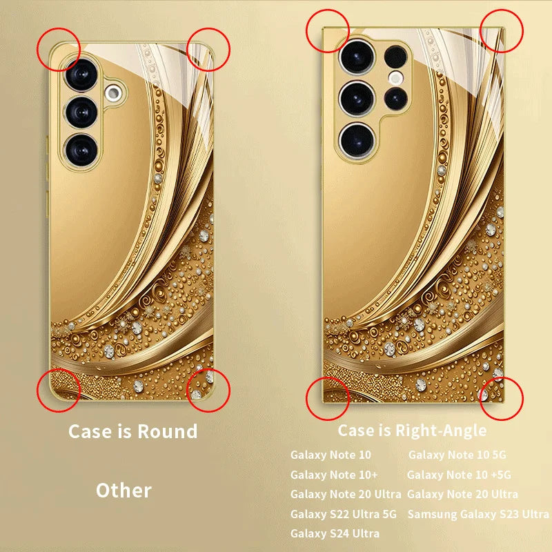 Gold-plated TPU case for Samsung Galaxy S26/S25, featuring a shiny gold finish and precise cutouts for ports and buttons.