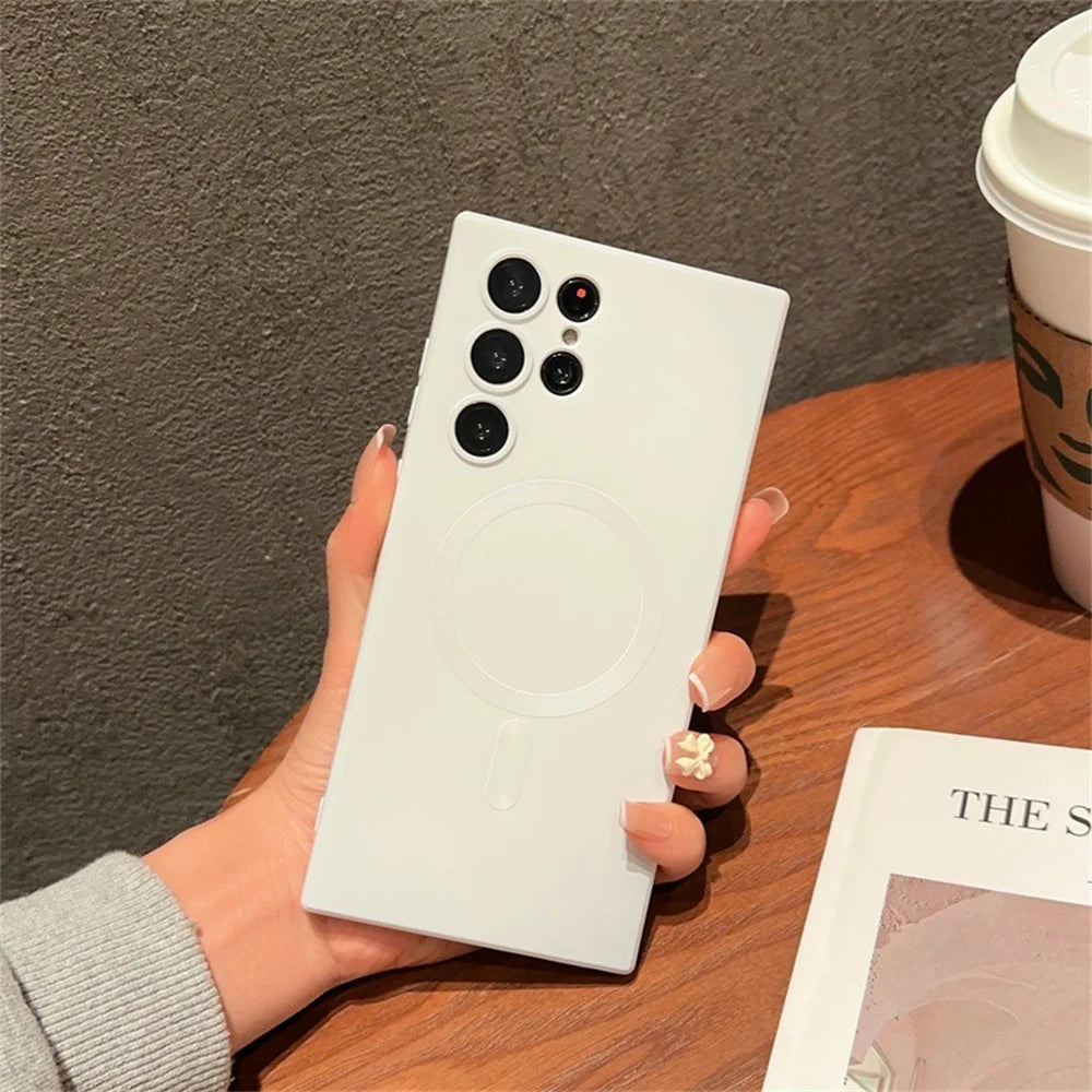 Silicone MagSafe phone case in metallic color for iPhone, featuring a sleek and protective design with a smooth finish.