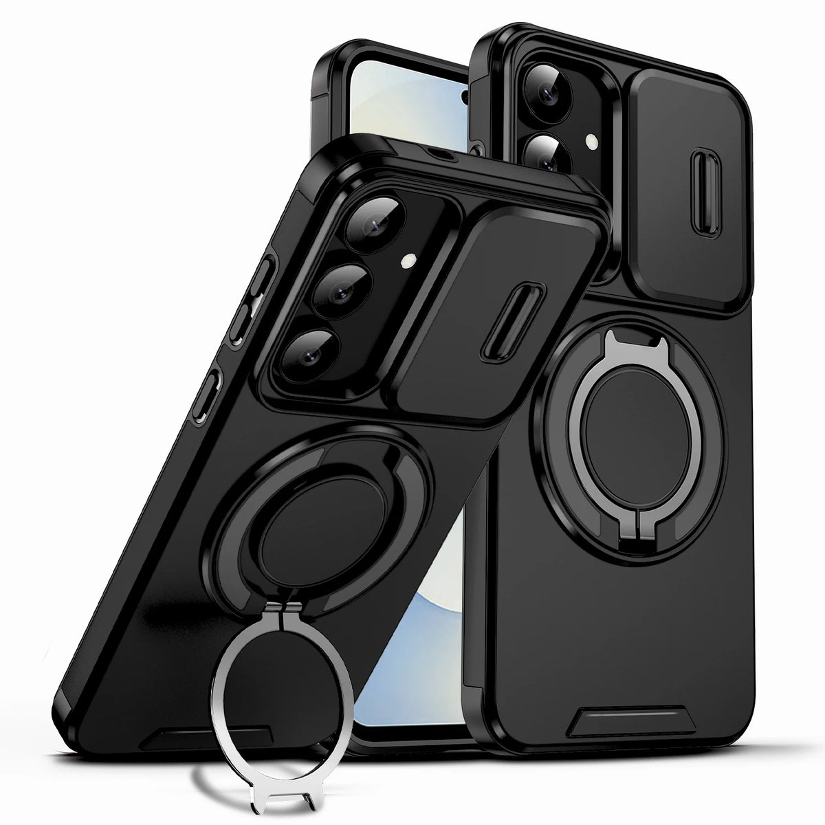 Samsung Galaxy A series case with sliding cover and stand, featuring a protective flip cover and phone support.