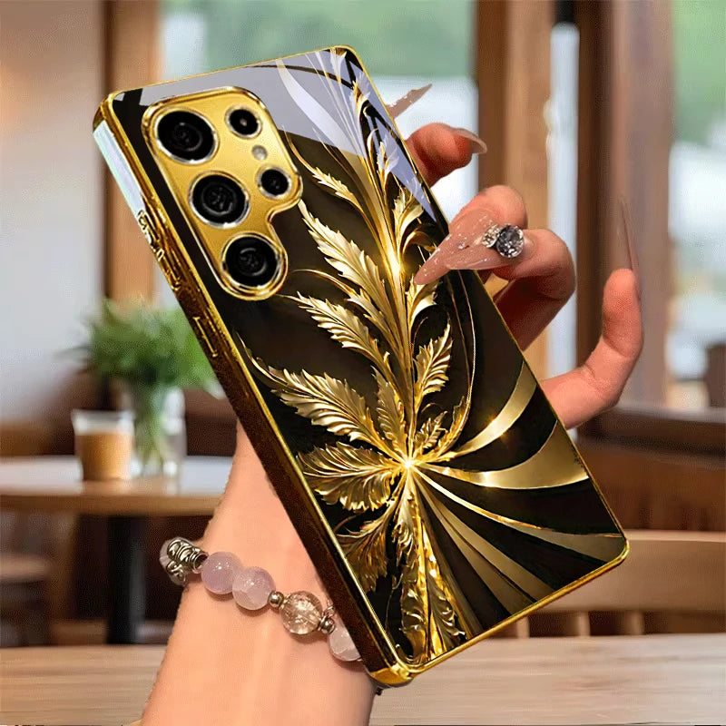 Golden phone case with radiant foliage design for Samsung Galaxy S8, featuring intricate leafy patterns and elegant style.