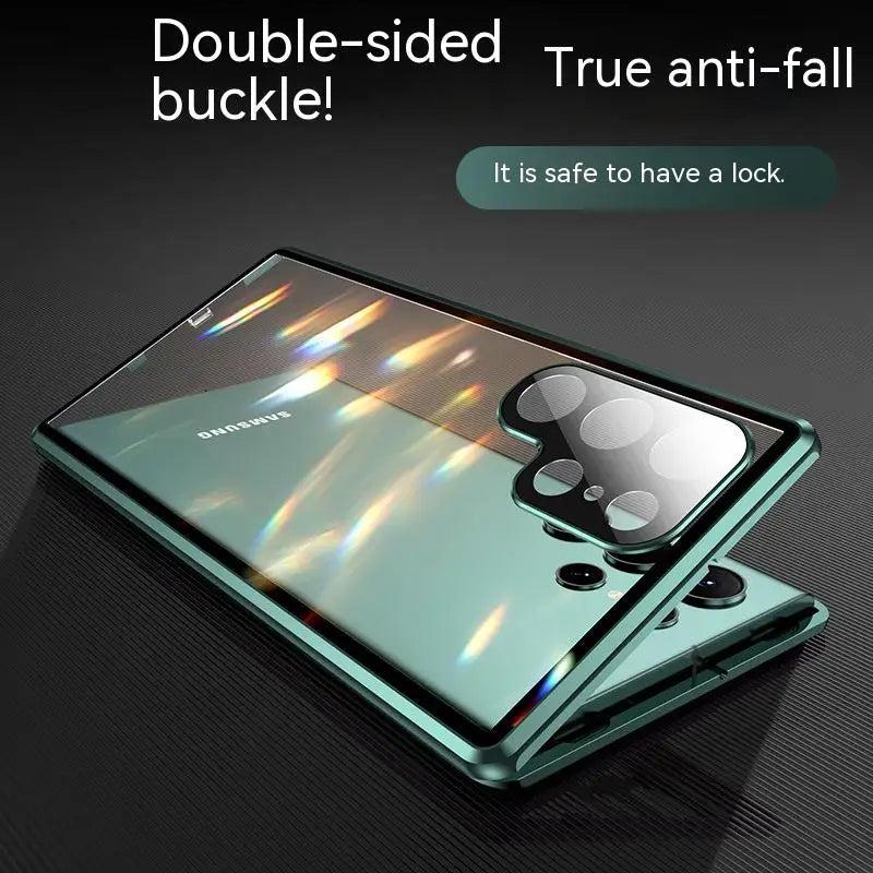 Magnetic metal phone case for Samsung S26, S25, S23, S24 by Corporación Turística, showing the front view with magnetic closure