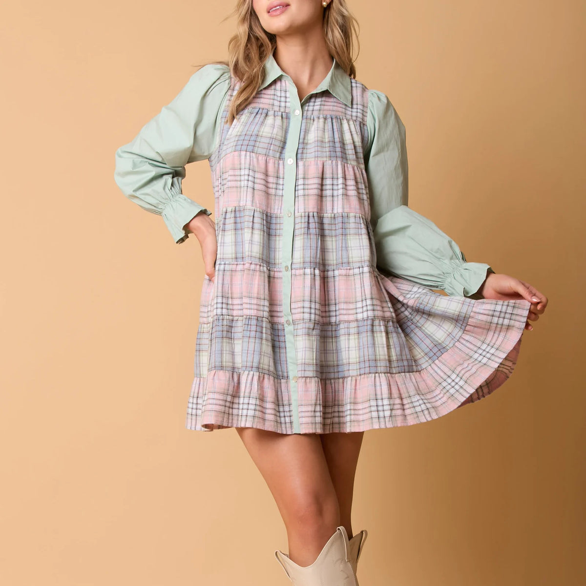 Minivestido camisero con estampado a cuadros para mujer, ...