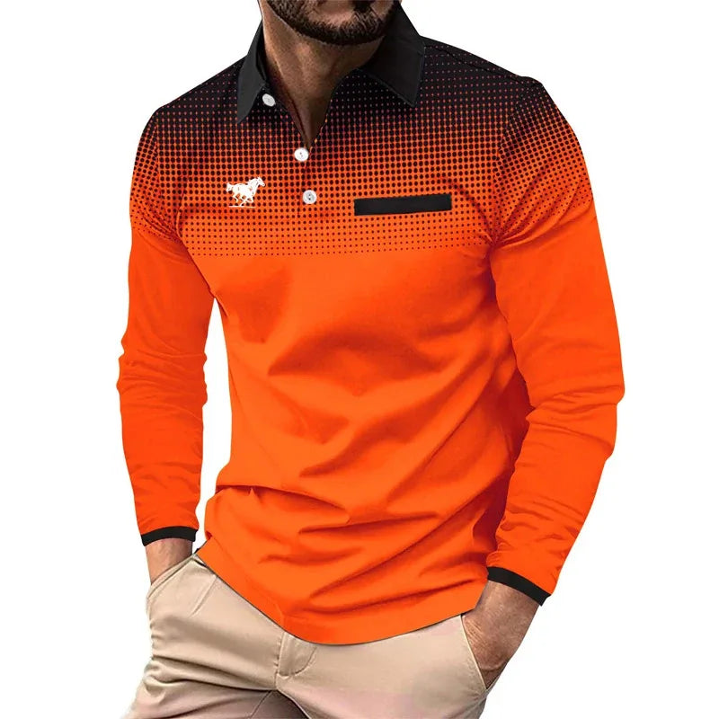 Ropa de hombre, nueva camisa Polo de manga larga con solapa y estampado Digital 3D, camisetas de costura con bolsillo falso a la moda, Polo de Golf para hombre