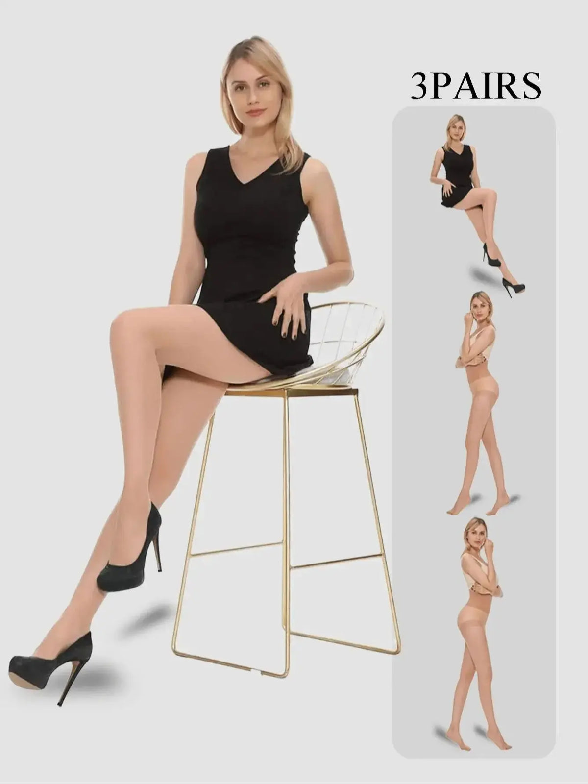 Three pairs of women's nylon pantyhose from Corporación Turística, showcasing the ultra-soft, sheer hosiery in neutral shades.