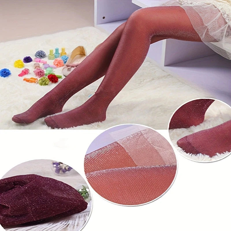 Seamless semi-transparent glittery pantyhose for women by Corporación Turística, shown in a close-up image highlighting the sparkly fabric.
