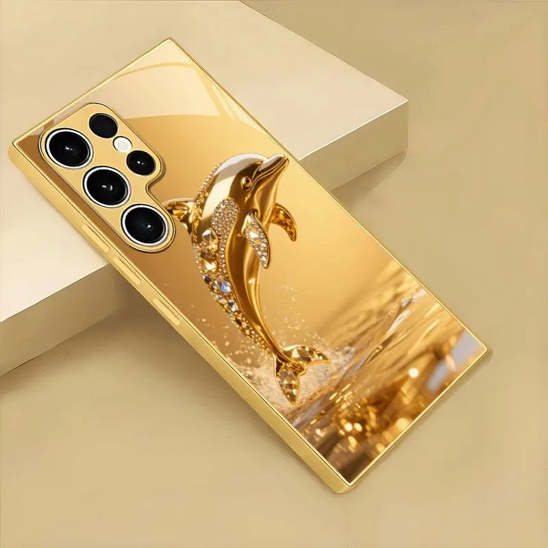 Silver dolphin-patterned glass phone case by Corporación Turística, featuring a sleek transparent design with marine dolphin details.
