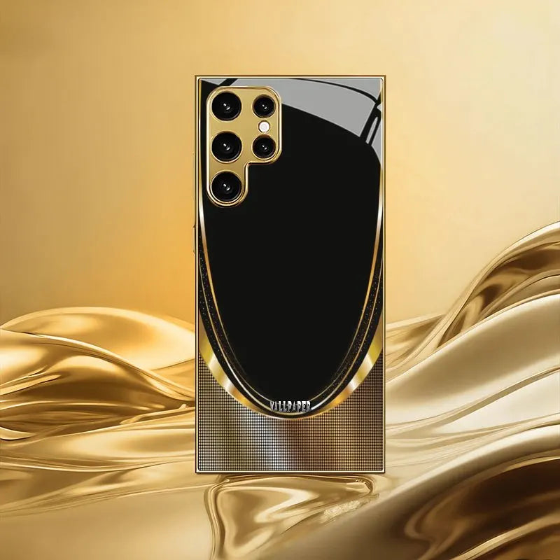 Black phone case with gold border and decorative pattern, designed for mobile protection by Corporación Turística.
