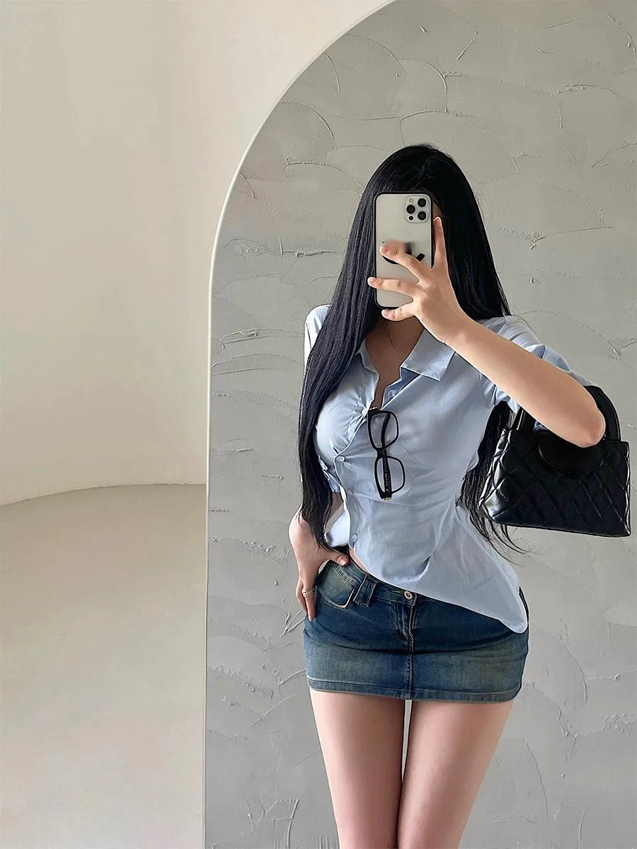 Women's safety denim miniskirt with reinforced stitching, stylish and durable for everyday wear, from Corporación Turística.