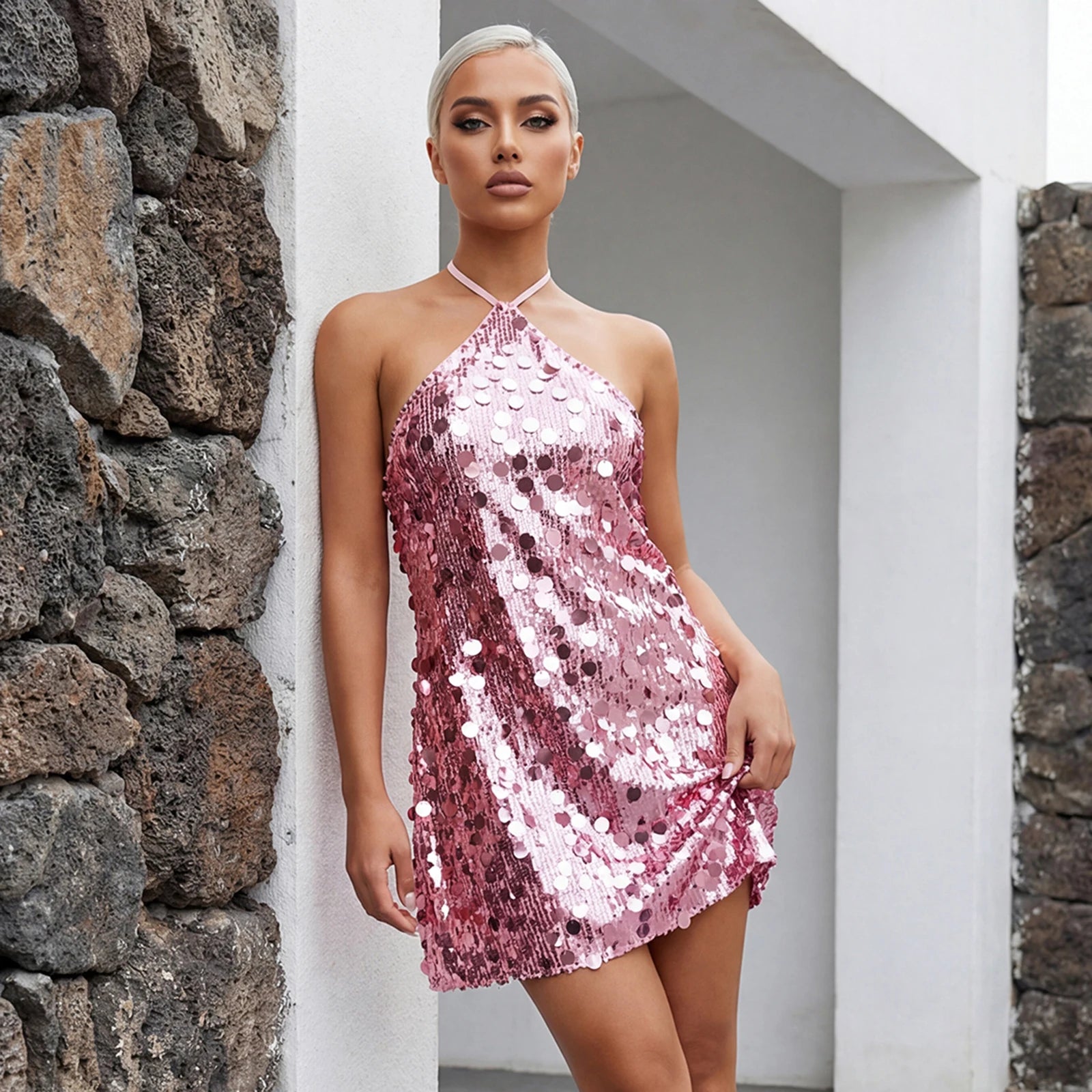 Vestido Halter para Mujer, Vestidos Mini Brillantes con L...