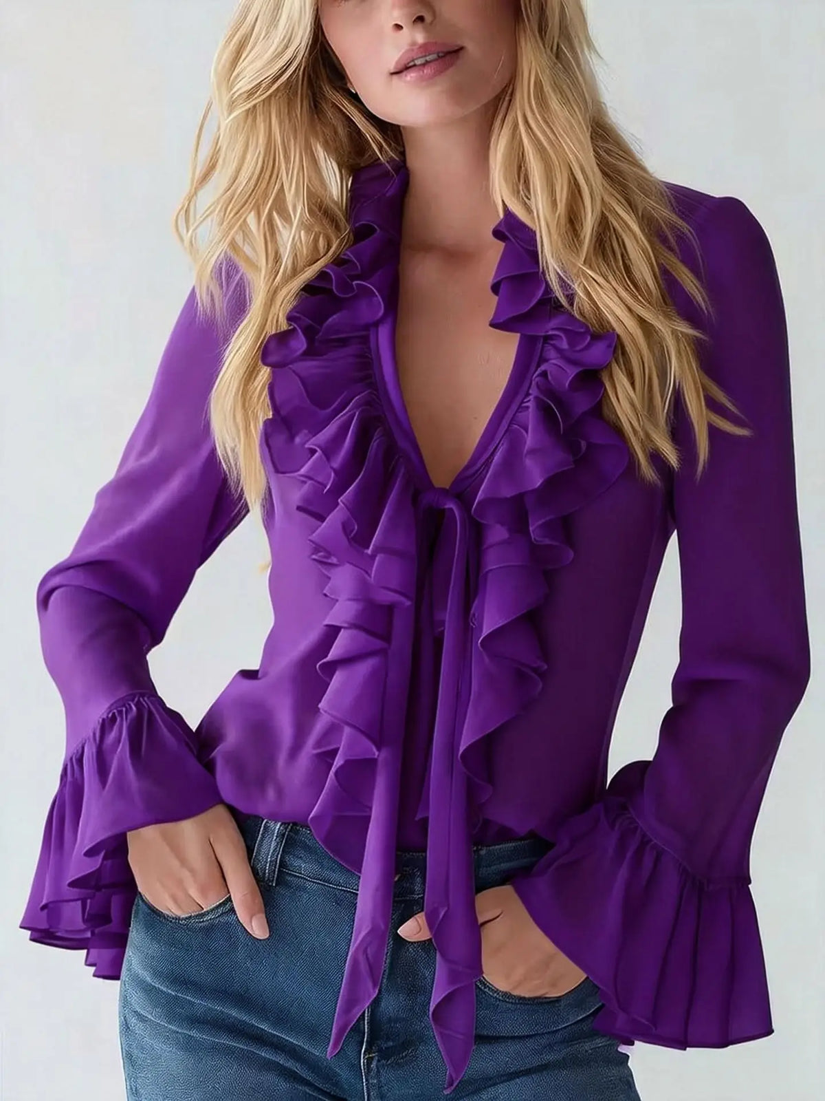 Blusa de mujer con volantes y cordones, manga larga acamp...