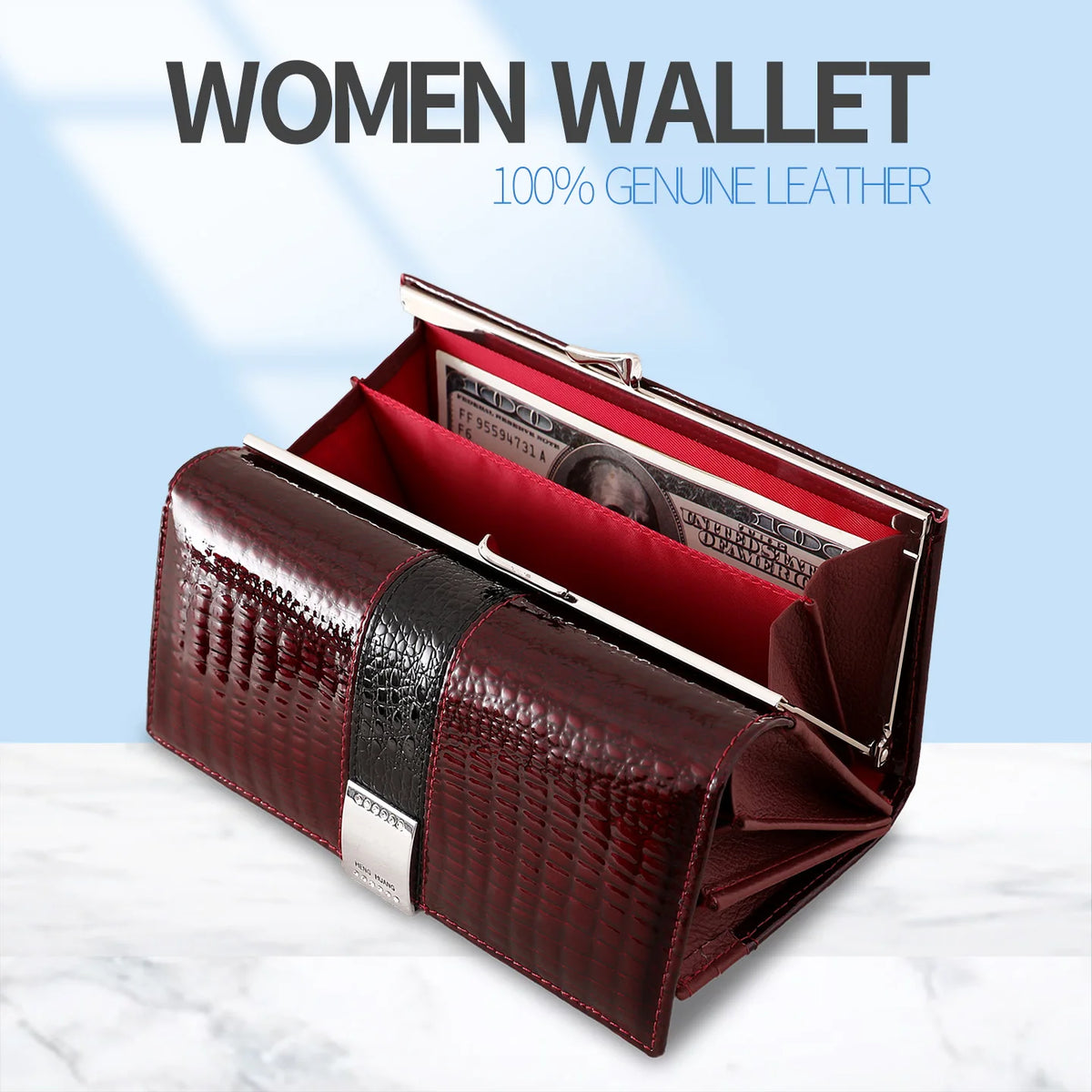 Long leather wallet from Corporación Turística featuring a glossy patent finish, designed for secure cash and card storage.