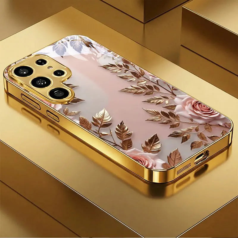 Galvanized glass phone case with floral pattern, designed for smartphones, by Corporación Turística.