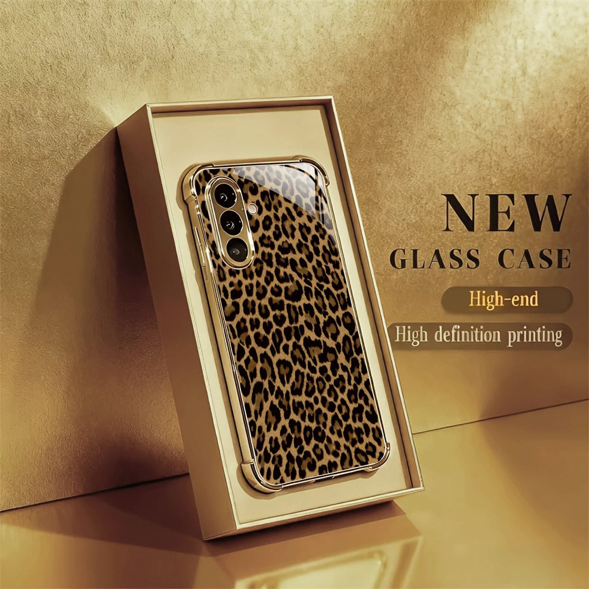 Gold-plated glass phone case with elegant design from Corporación Turística, showcasing a sleek, protective accessory for smartphones.