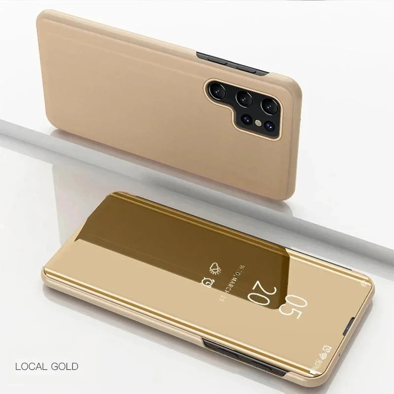 Leather flip phone case with mirror for Samsung smartphones, featuring a sleek and protective design by Corporación Turística.