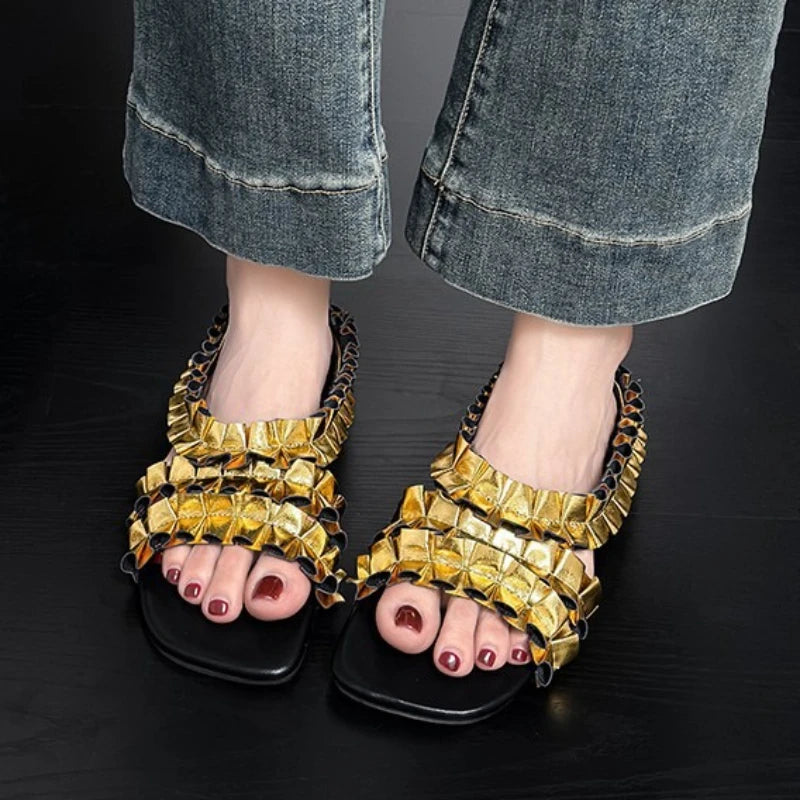 Zapatillas De diseñador plisadas doradas a la moda, Sanda...