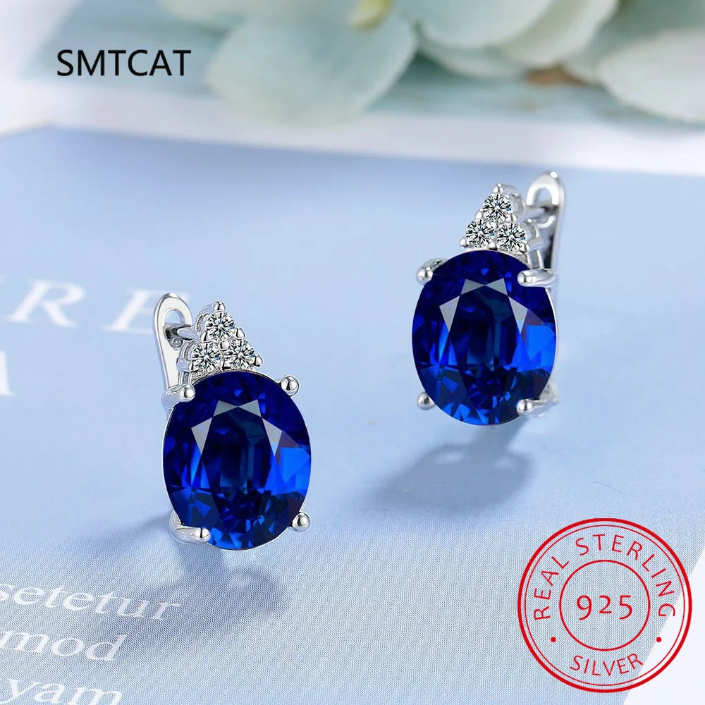Pendientes de aro de Plata de Ley 925 con zafiro azul cre...