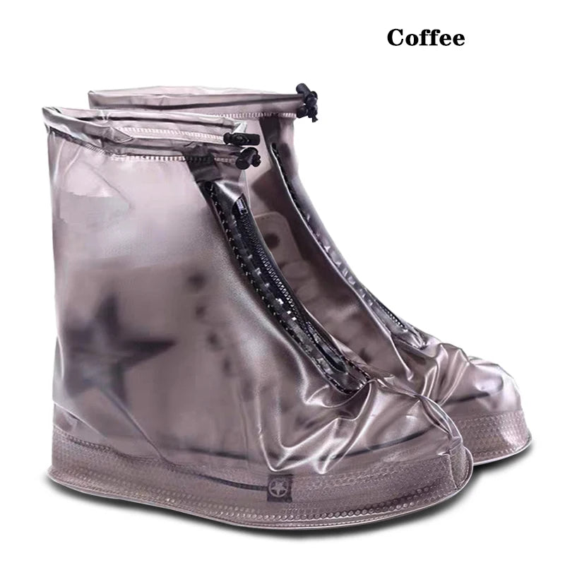 Reusable waterproof shoe protectors by Corporación Turística, showing a pair of transparent, lightweight shoe covers on a pair of shoes.