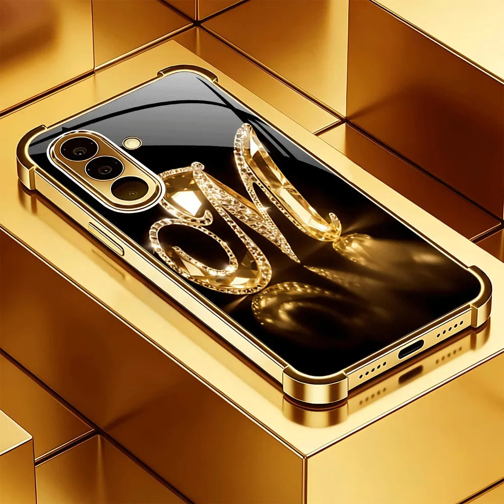 Electroplated glass phone case for smartphone, featuring a sleek, shiny finish and precise cutouts for buttons and ports.