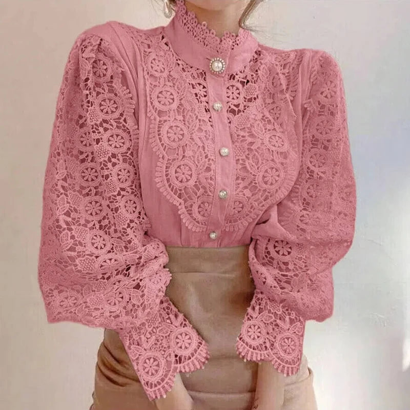 Blusa de encaje con manga de pétalo para mujer, camisa co...