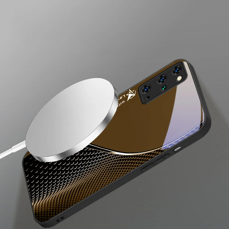 Clear glass MagSafe phone case with gradient effect for iPhone, featuring sleek design and precise cutouts for easy access.