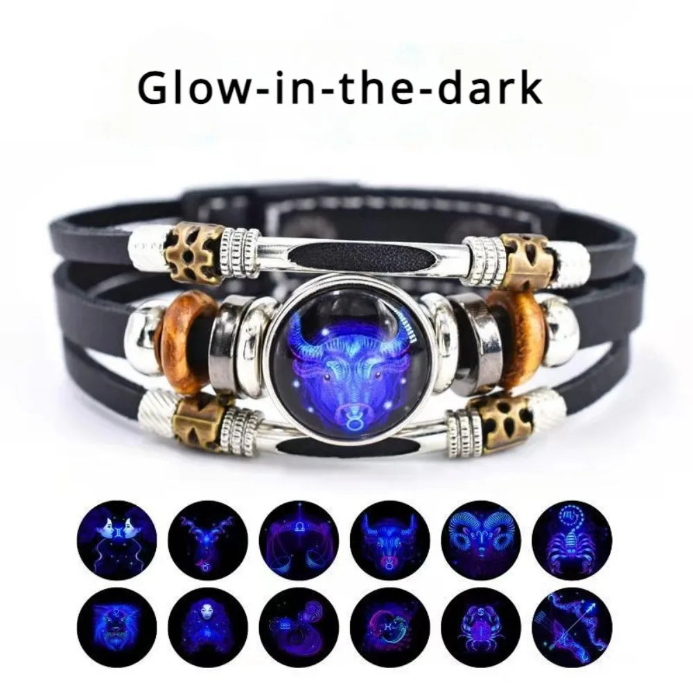 Pulsera Constelación Cuero Multicapa Retro Regalo Unisex 12 Signos
