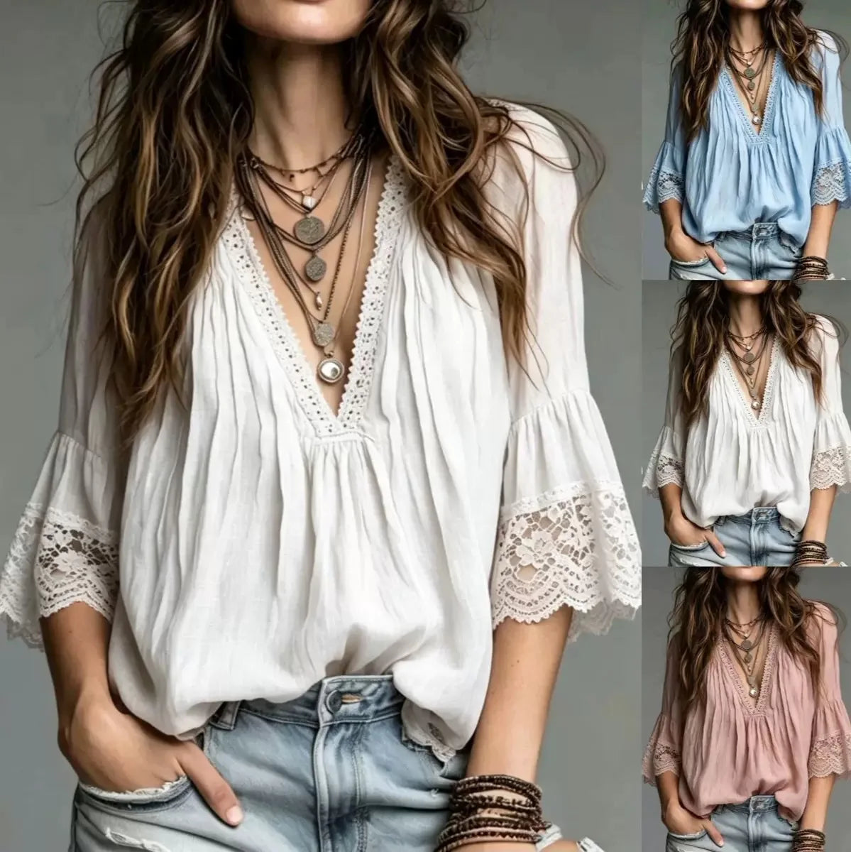 Blusa Bohemia con Cuello en V para Mujer, Estilo Europeo,...