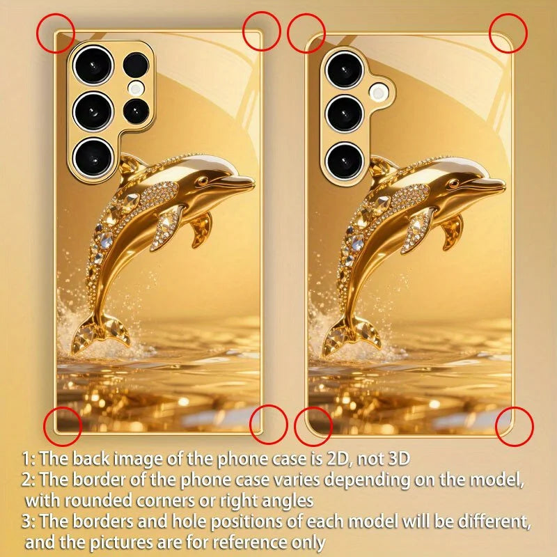 Silver glass dolphin pattern phone case, compatible with smartphones, featuring a sleek, reflective design with dolphin motifs.