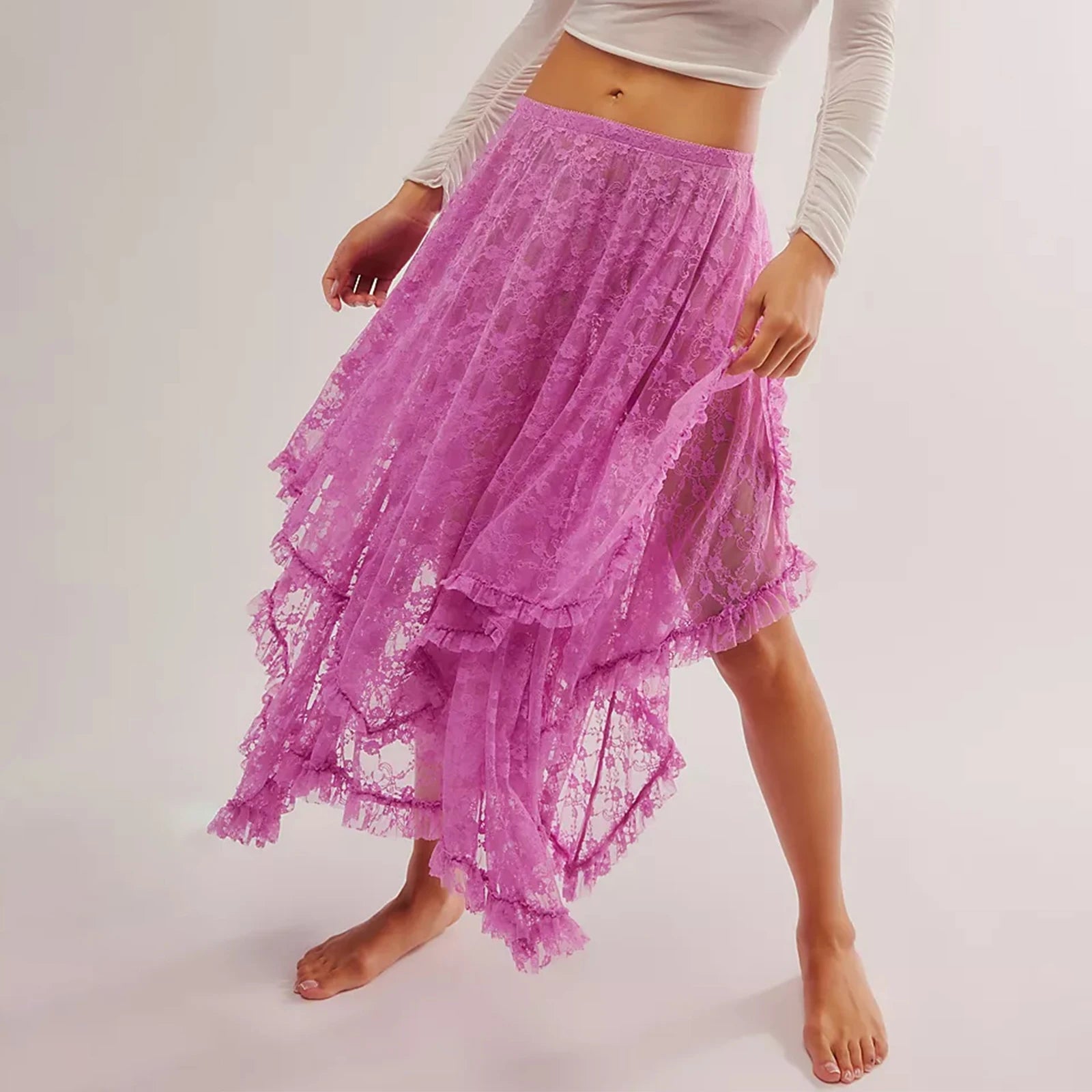 Faldas Midi de encaje Vintage para mujer, faldas elástica...