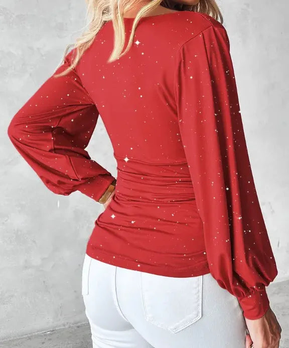 Elegant red sequin blouse with long sleeves from Corporación Turística, featuring a stylish and festive design.