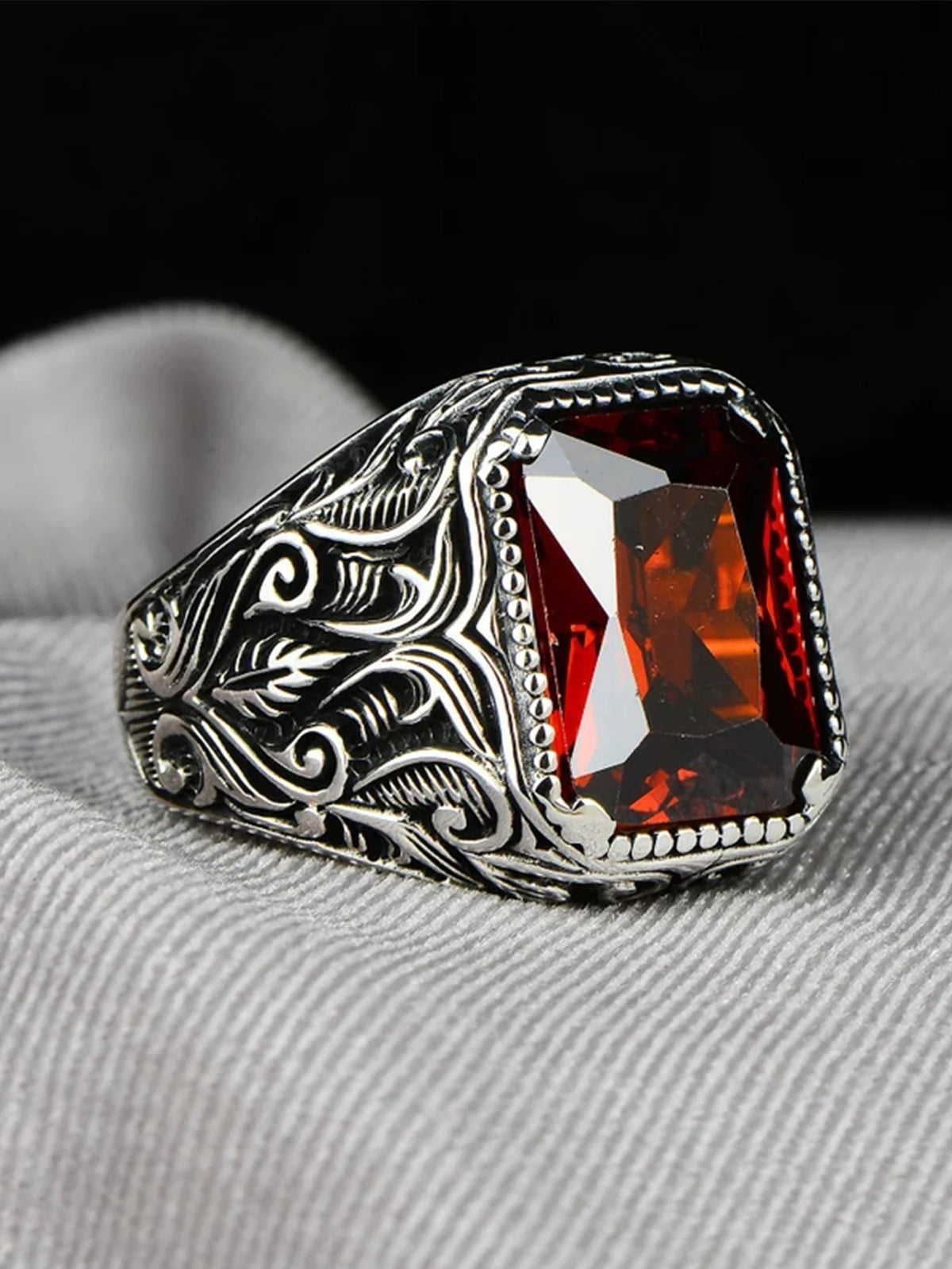 Anillo Sello Turco Vintage Unisex Plata Antigua Circón Rojo y Amarillo