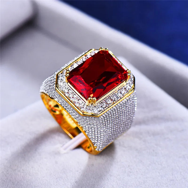 Large red cubic zirconia ring featuring a prominent gemstone and elegant band, perfect for stylish jewelry accessories.