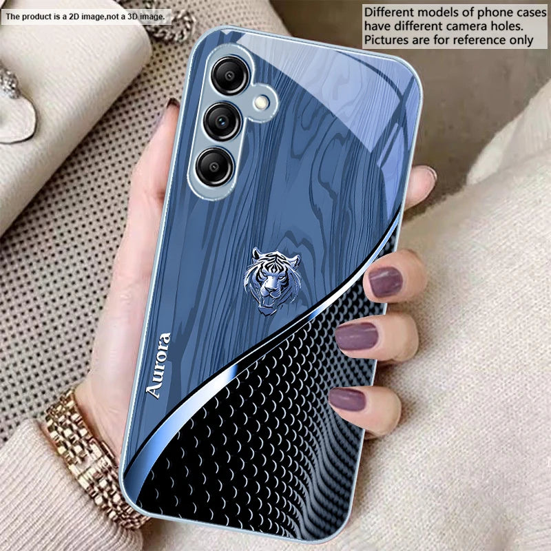 Golden tiger design glass phone case showcasing a sleek, transparent protective cover for smartphones.