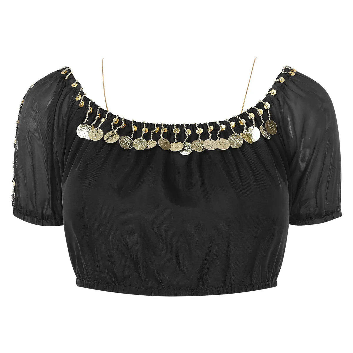 Shiny silver sequin crop top for women with oriental-inspired design, stylish and festive, from Corporación Turística.
