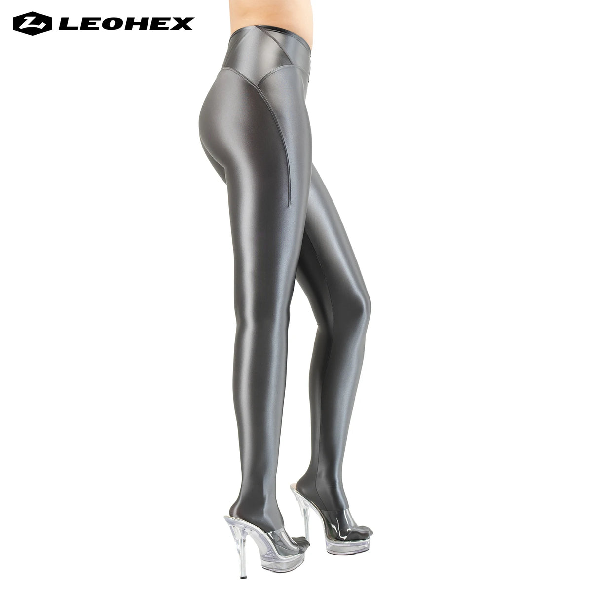 Bright, shiny LEOHEX leggings for women with a snug fit, featuring metallic fabric and vibrant colors, ideal for stylish outfits.
