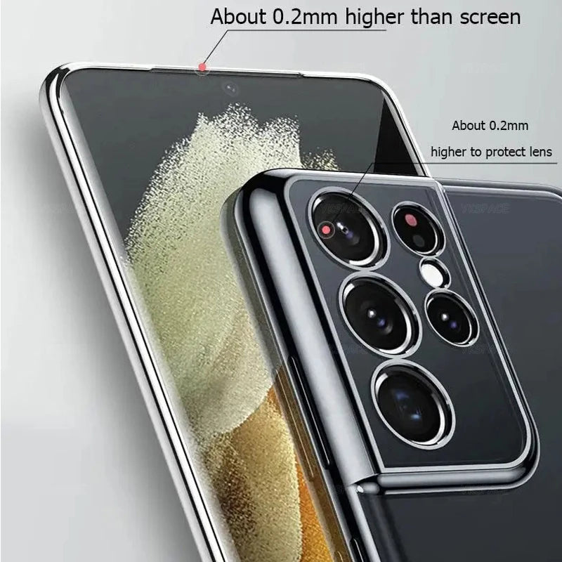 Transparent silicone phone case with protective coating, designed for a sleek fit and clear view of the smartphone.