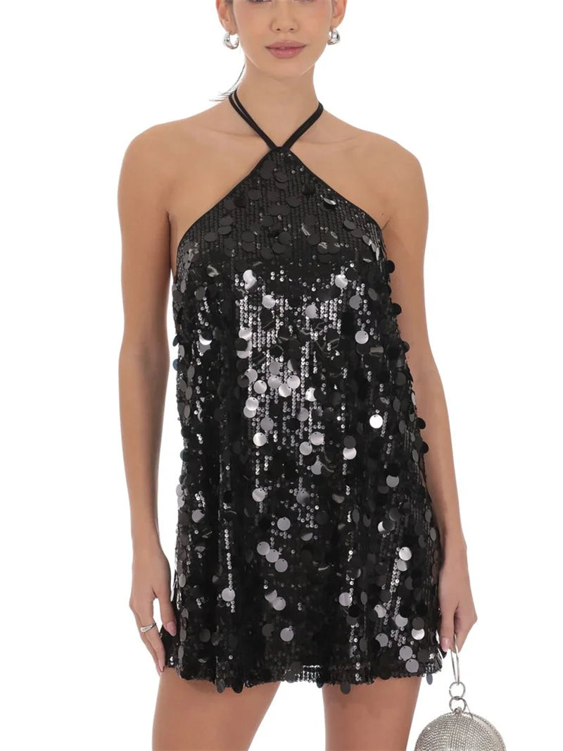 Vestido Mini Halter de Lentejuelas para Mujer, Ropa de Fi...