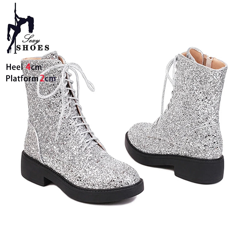 Botas cortas brillantes para mujer, zapatos informales de...