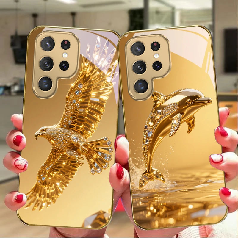 Golden dolphin phone case for Samsung Galaxy S20 FE, S21 Plus, S22, and S23, with vibrant dolphin design from Corporación Turística.