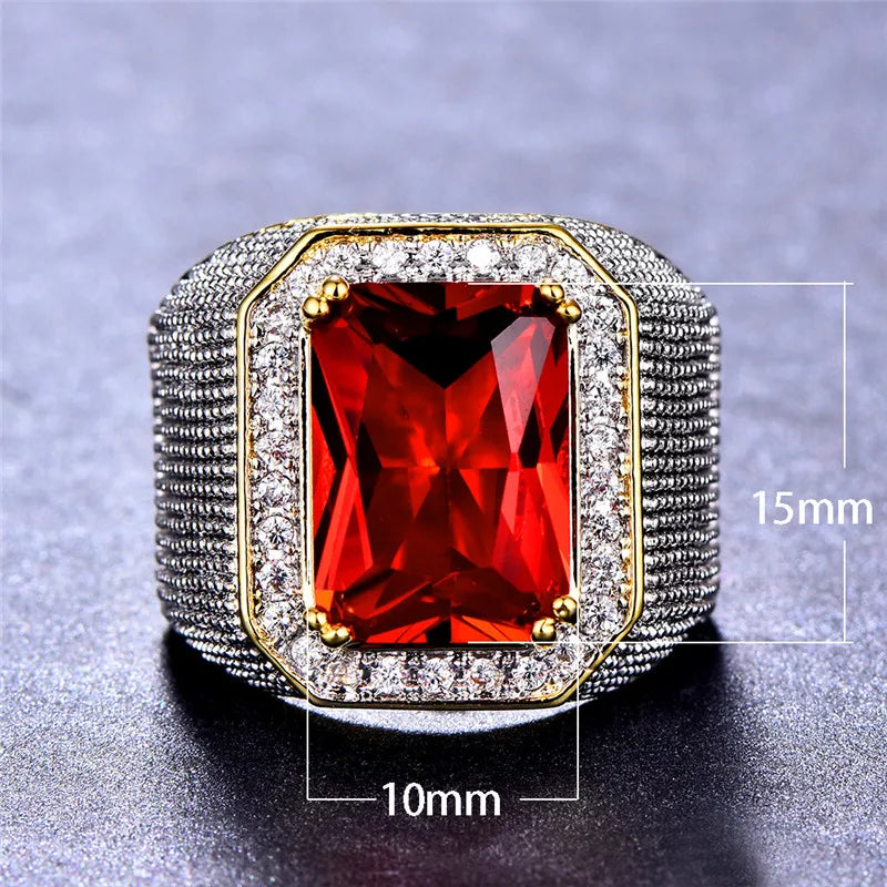 Large red cubic zirconia ring featuring a prominent stone, designed for women, from Corporación Turística.