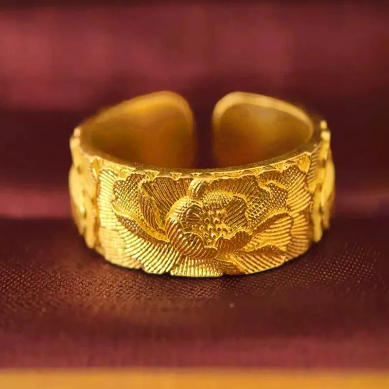 Anillo abierto con relieve de peonía para mujer, hecho de...