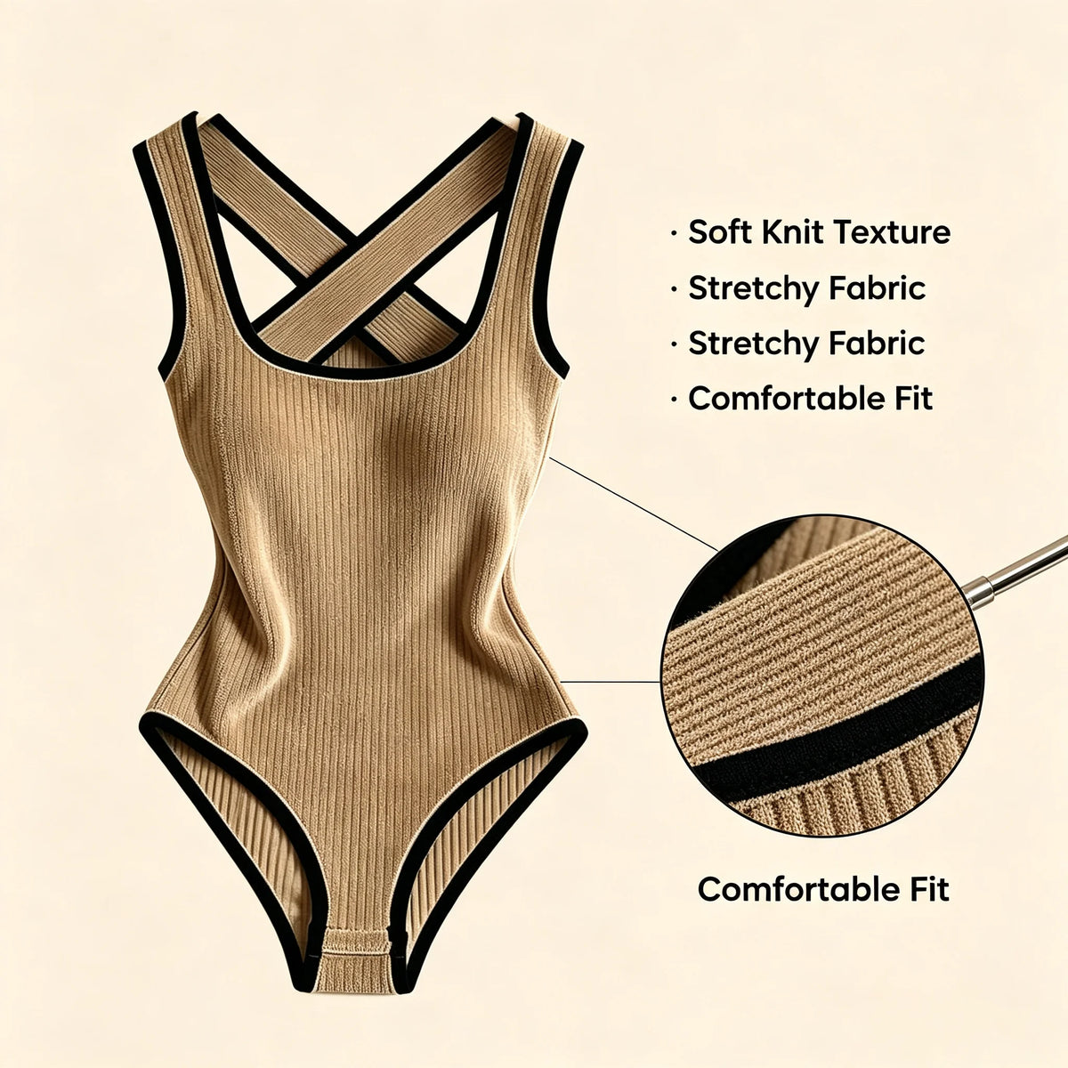 Cream-colored ribbed sleeveless women's body suit with open back, from Corporación Turística, shown on a model.