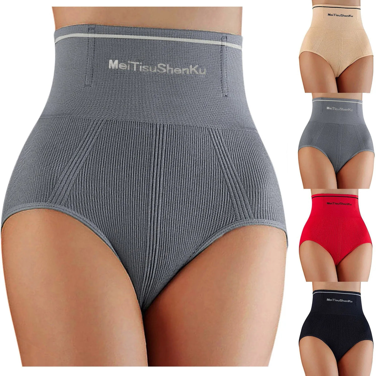 Postpartum belly control panties for women, high-waisted shapewear from Corporación Turística, shown in black fabric.